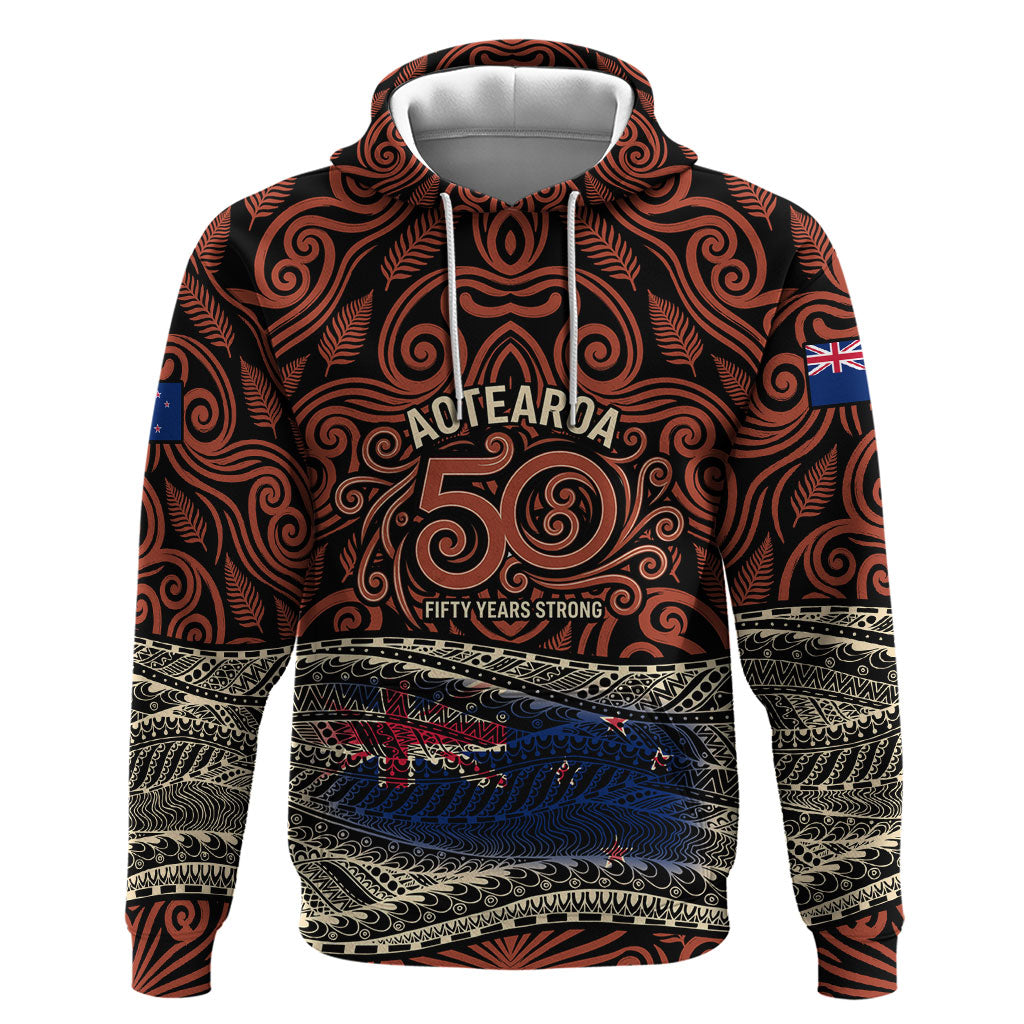 Personalised New Zealand 50th Birthday Hoodie Aotearoa Tribal Pattern Silver Fern Flag TS04 Pullover Hoodie Red Black - Polynesian Pride