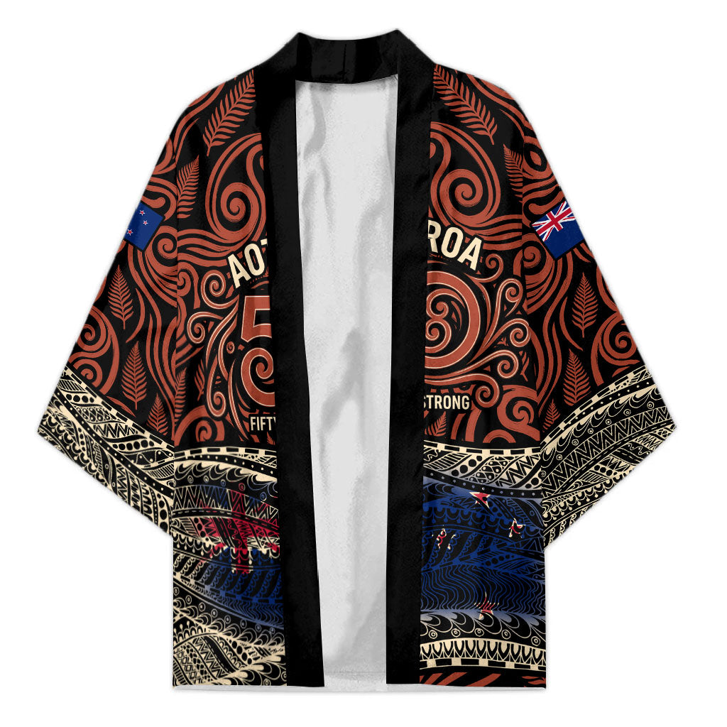 Personalised New Zealand 50th Birthday Kimono Aotearoa Tribal Pattern Silver Fern Flag TS04 Unisex Red Black - Polynesian Pride