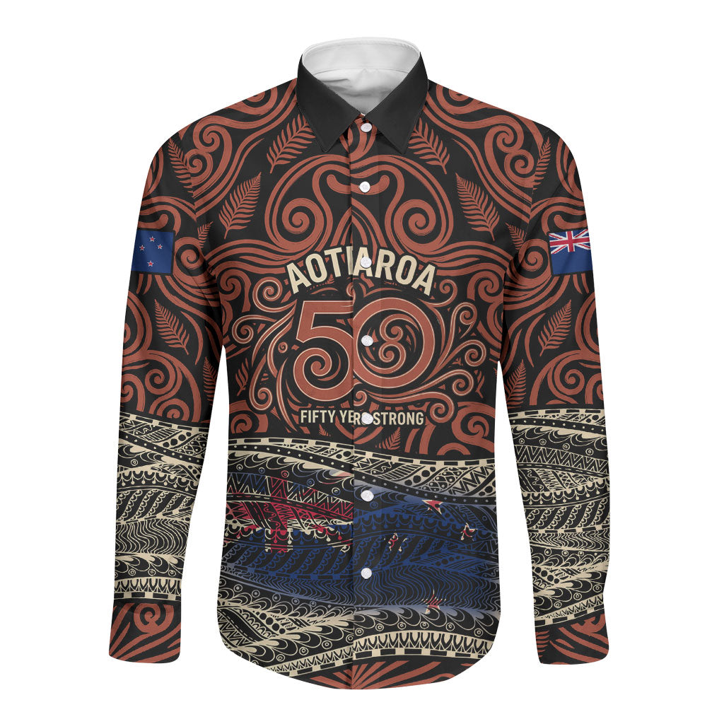Personalised New Zealand 50th Birthday Long Sleeve Button Shirt Aotearoa Tribal Pattern Silver Fern Flag TS04 Unisex Red Black - Polynesian Pride