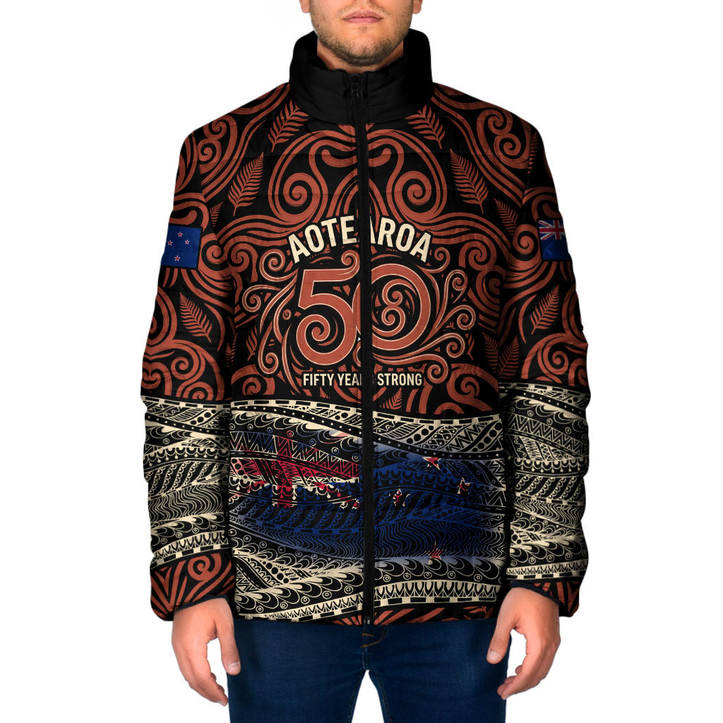 Personalised New Zealand 50th Birthday Padded Jacket Aotearoa Tribal Pattern Silver Fern Flag TS04 Men Red Black - Polynesian Pride