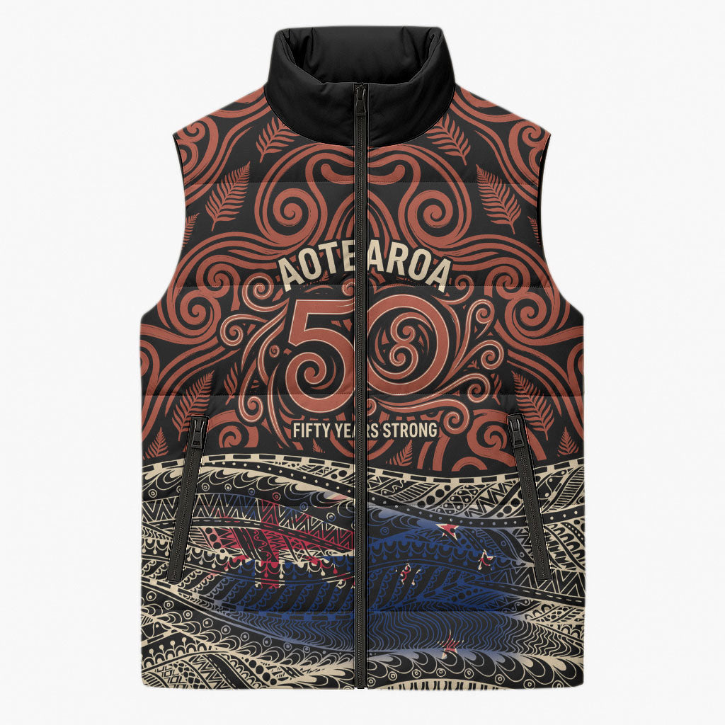 Personalised New Zealand 50th Birthday Sleeveless Puffer Jacket Aotearoa Tribal Pattern Silver Fern Flag TS04 Unisex Red Black - Polynesian Pride