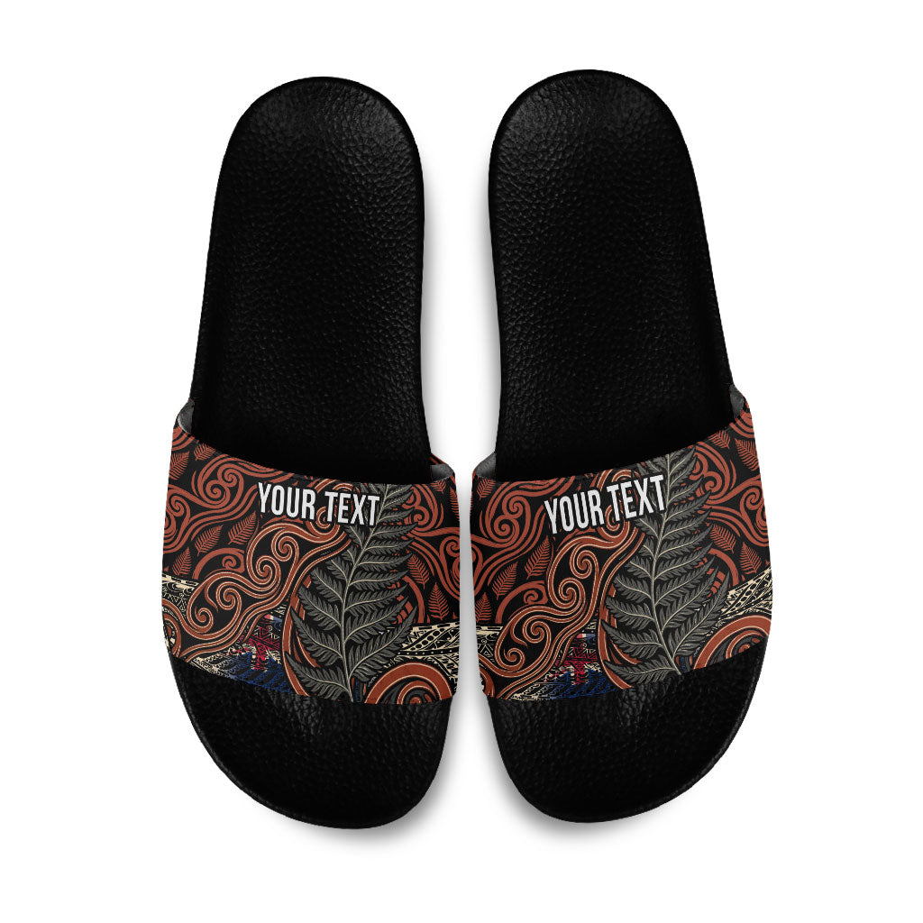 Personalised New Zealand 50th Birthday Slide Sandals Aotearoa Tribal Pattern Silver Fern Flag TS04 Red Black - Polynesian Pride