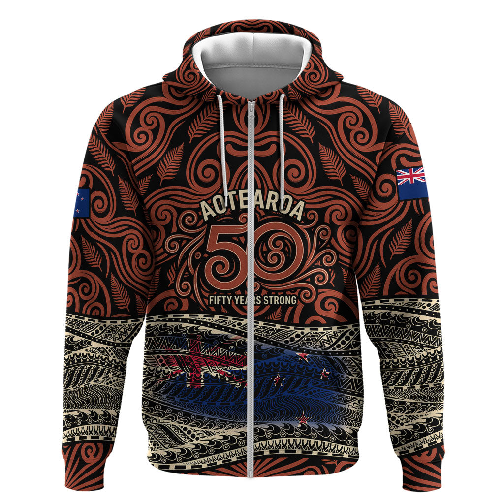 Personalised New Zealand 50th Birthday Zip Hoodie Aotearoa Tribal Pattern Silver Fern Flag TS04 Zip Hoodie Red Black - Polynesian Pride