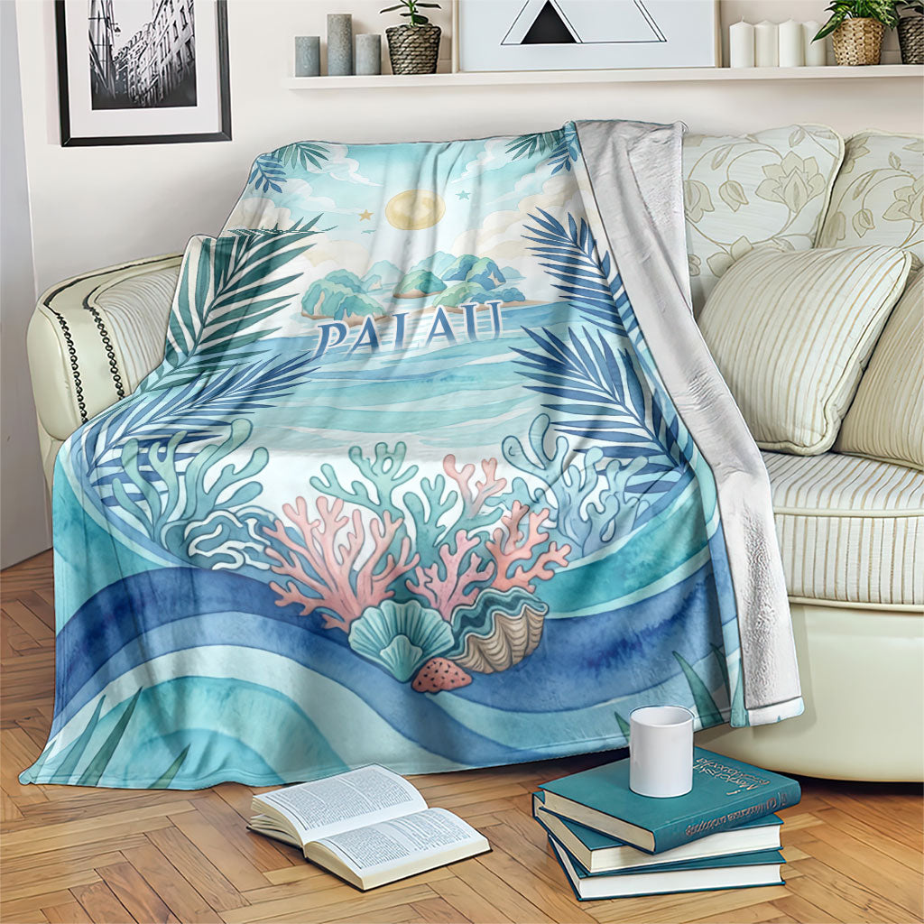 Palau Islands Of Wonder Natural Nature Blanket Watercolor Tropical Beach Waterfall Coral Reef Palm Leaves TS04 Blue Green - Polynesian Pride