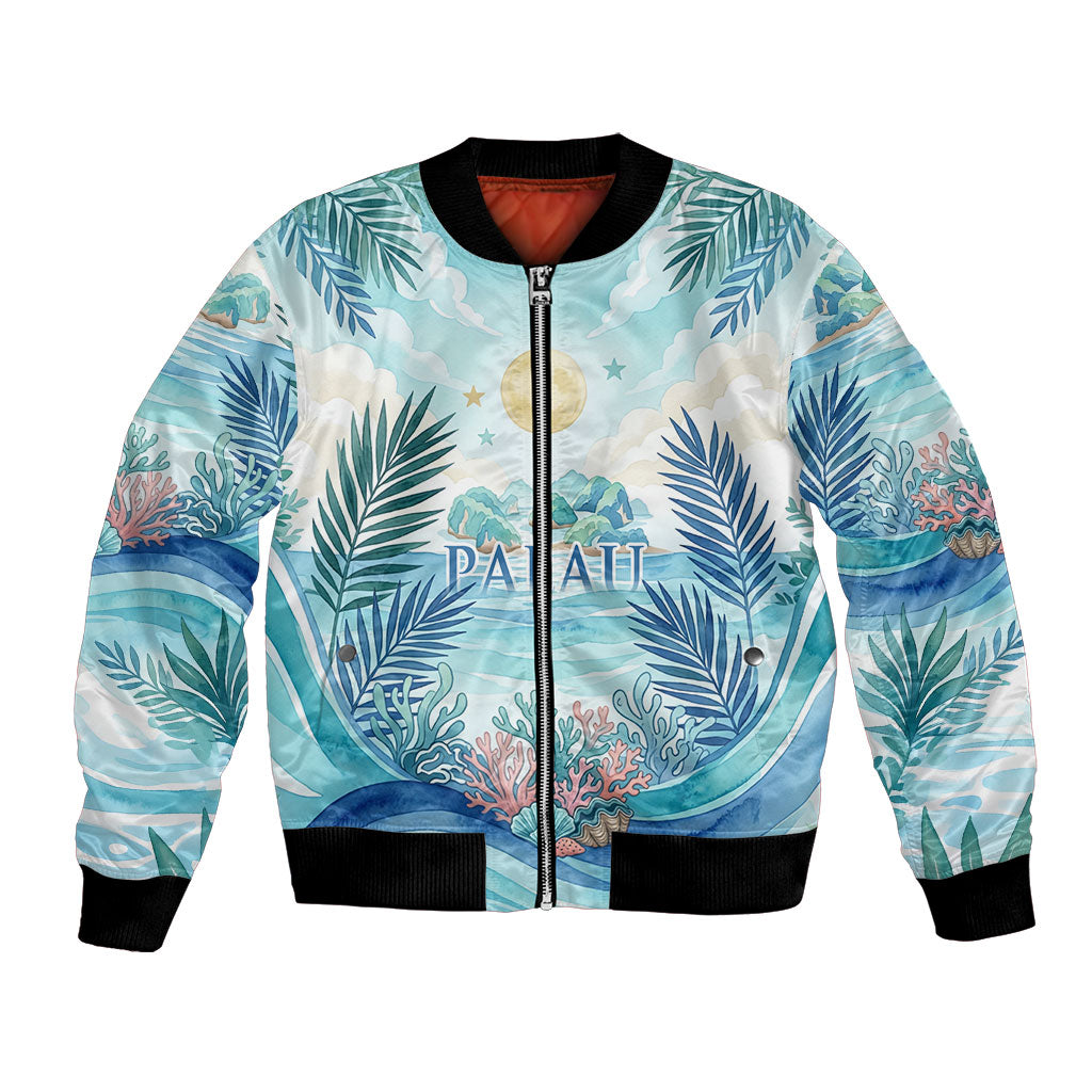 Palau Islands Of Wonder Natural Nature Bomber Jacket Watercolor Tropical Beach Waterfall Coral Reef Palm Leaves TS04 Unisex Blue Green - Polynesian Pride