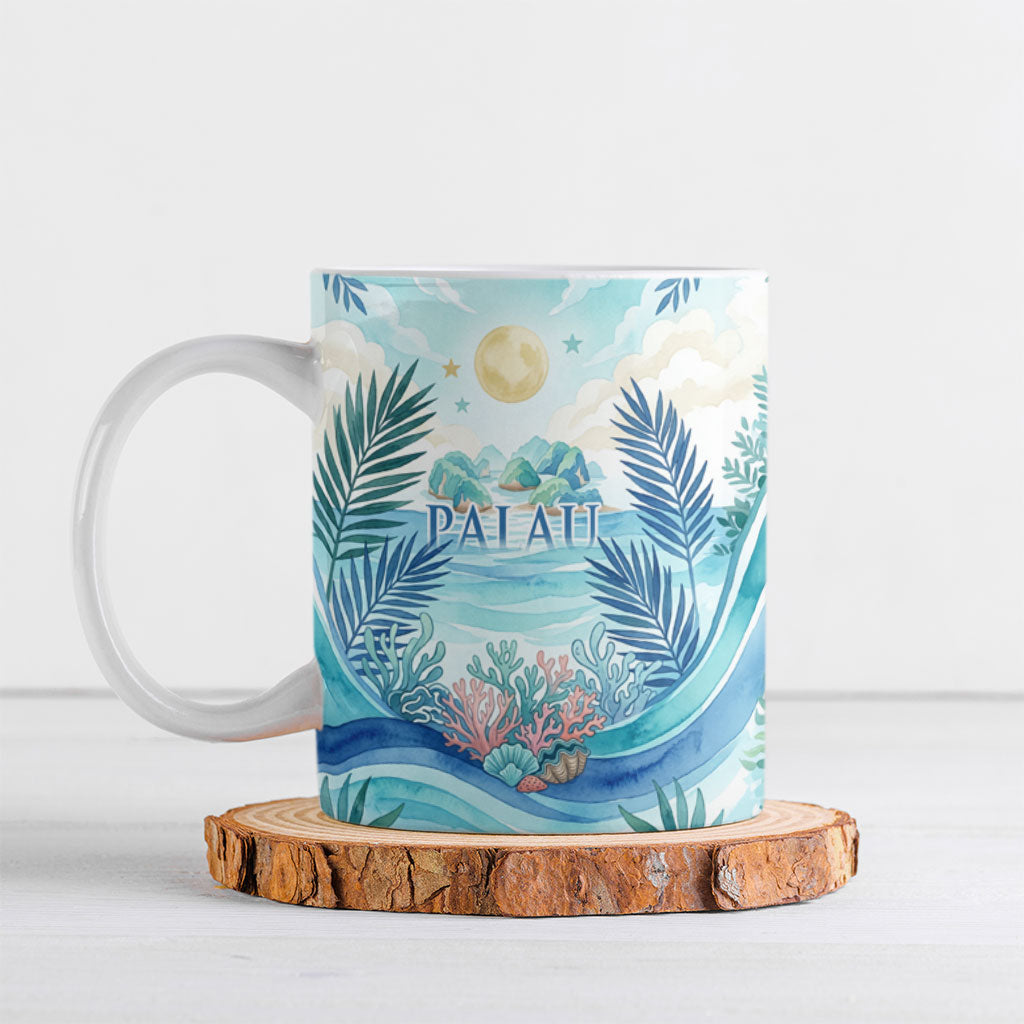Palau Islands Of Wonder Natural Nature Ceramic Mug Watercolor Tropical Beach Waterfall Coral Reef Palm Leaves TS04 Blue Green - Polynesian Pride