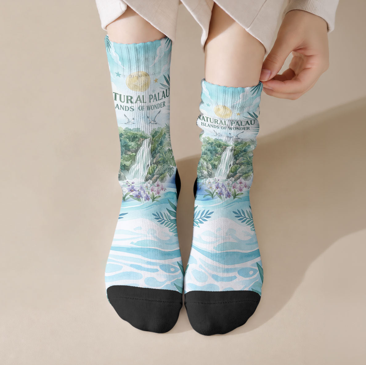 Palau Islands Of Wonder Natural Nature Crew Socks Watercolor Tropical Beach Waterfall Coral Reef Palm Leaves TS04 Crew Socks Blue Green - Polynesian Pride
