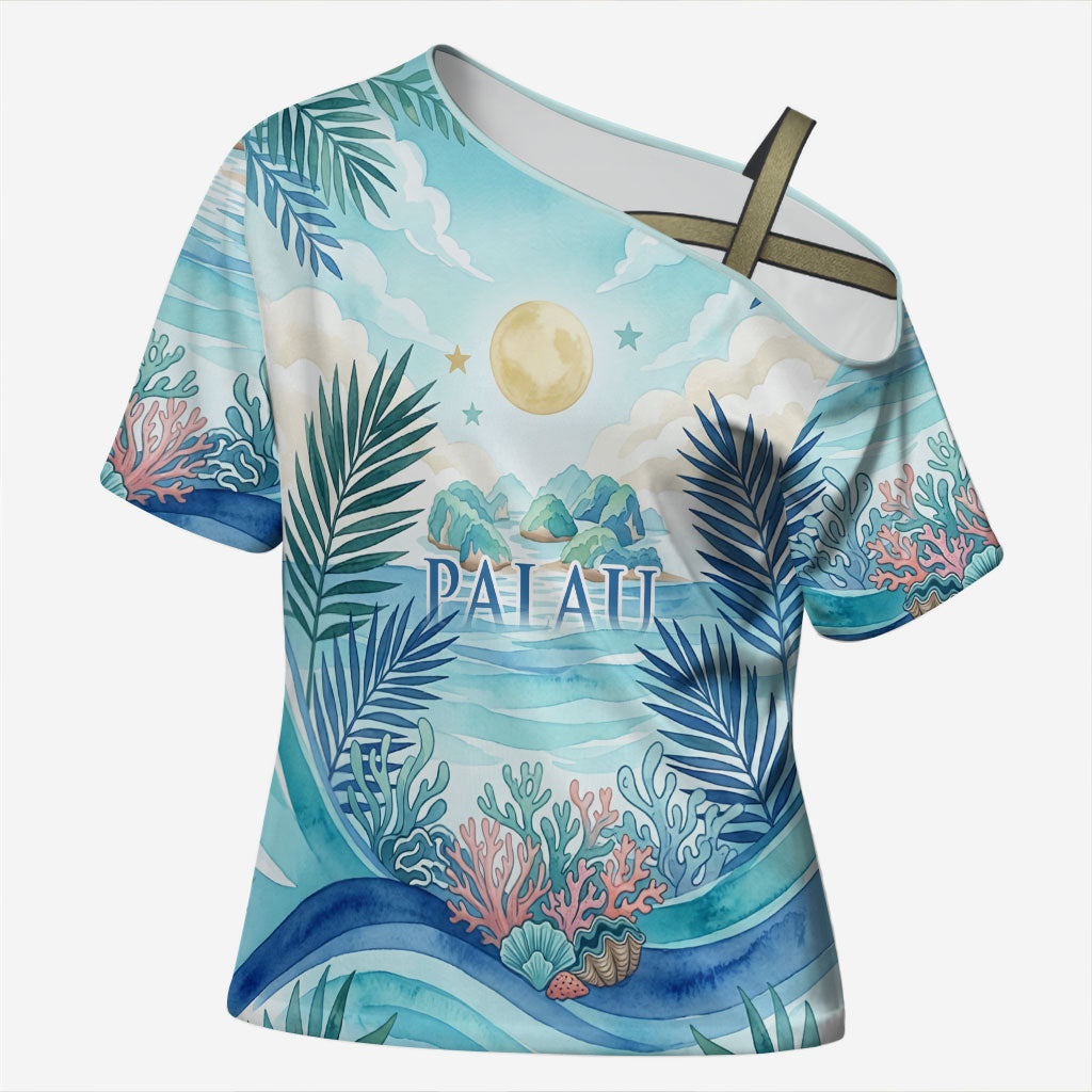 Palau Islands Of Wonder Natural Nature Cross Shoulder Shirt Watercolor Tropical Beach Waterfall Coral Reef Palm Leaves TS04 Female Blue Green - Polynesian Pride