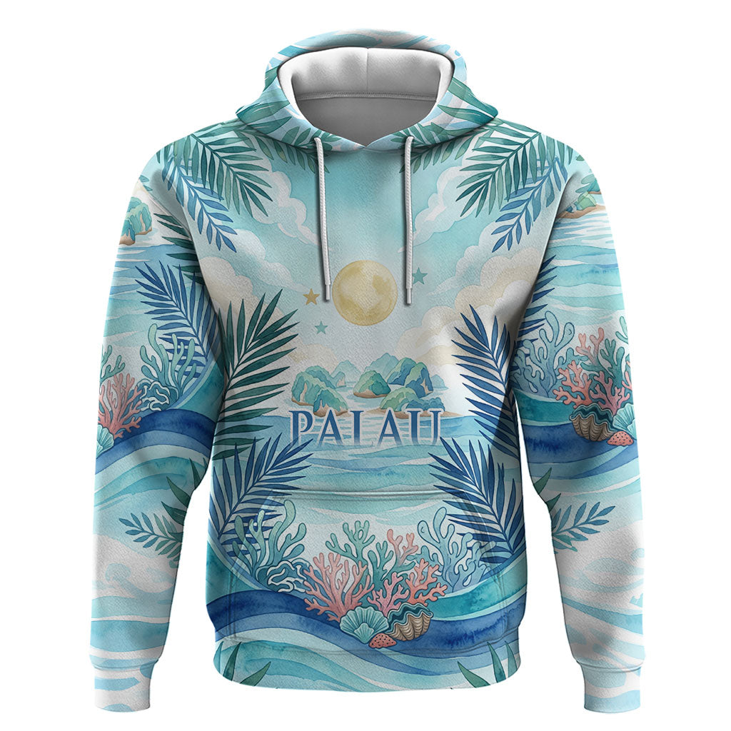 Palau Islands Of Wonder Natural Nature Hoodie Watercolor Tropical Beach Waterfall Coral Reef Palm Leaves TS04 Pullover Hoodie Blue Green - Polynesian Pride