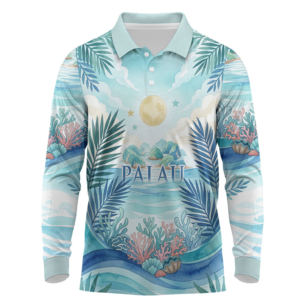 Palau Islands Of Wonder Natural Nature Long Sleeve Polo Shirt Watercolor Tropical Beach Waterfall Coral Reef Palm Leaves TS04 Blue Green - Polynesian Pride