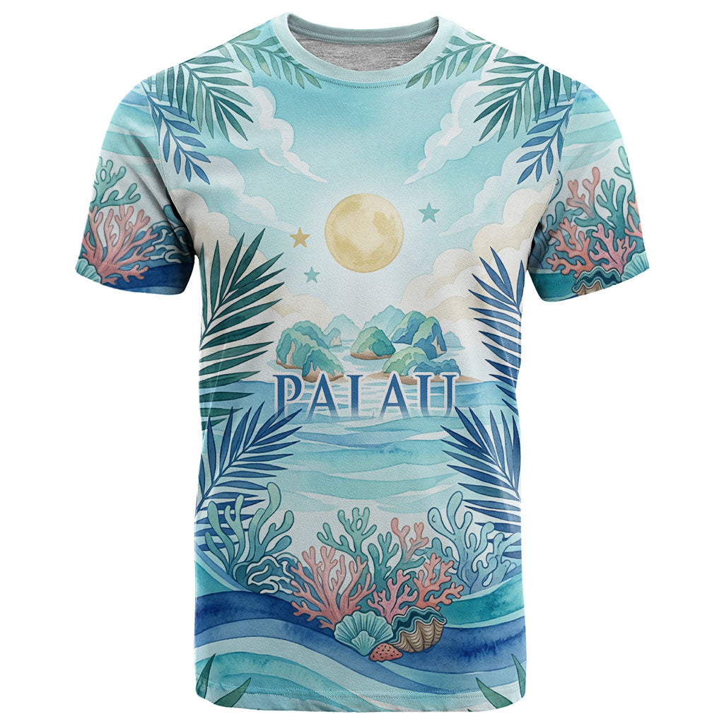 Palau Islands Of Wonder Natural Nature T Shirt Watercolor Tropical Beach Waterfall Coral Reef Palm Leaves TS04 Blue Green - Polynesian Pride