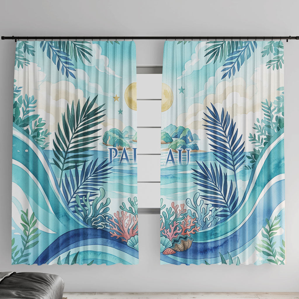 Palau Islands Of Wonder Natural Nature Window Curtain Watercolor Tropical Beach Waterfall Coral Reef Palm Leaves TS04 With Hooks Blue Green - Polynesian Pride