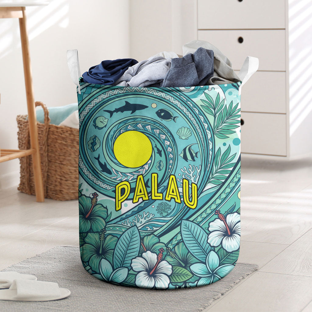 Palau Official Seal Flag Laundry Basket Tribal Pattern Ocean Marine Life Tropical Hibiscus TS04 Blue Green - Polynesian Pride