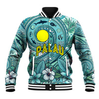 Palau Official Seal Flag Baseball Jacket Tribal Pattern Ocean Marine Life Tropical Hibiscus TS04 Unisex Blue Green - Polynesian Pride