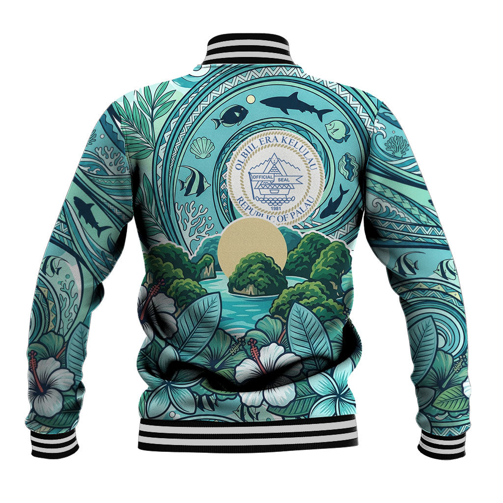 Palau Official Seal Flag Baseball Jacket Tribal Pattern Ocean Marine Life Tropical Hibiscus TS04 - Polynesian Pride