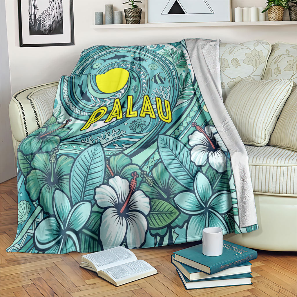 Palau Official Seal Flag Blanket Tribal Pattern Ocean Marine Life Tropical Hibiscus TS04 Blue Green - Polynesian Pride
