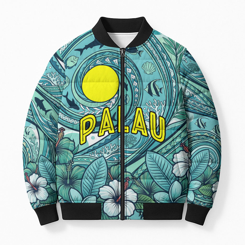 Palau Official Seal Flag Bomber Puffer Jacket Tribal Pattern Ocean Marine Life Tropical Hibiscus TS04 Unisex Blue Green - Polynesian Pride