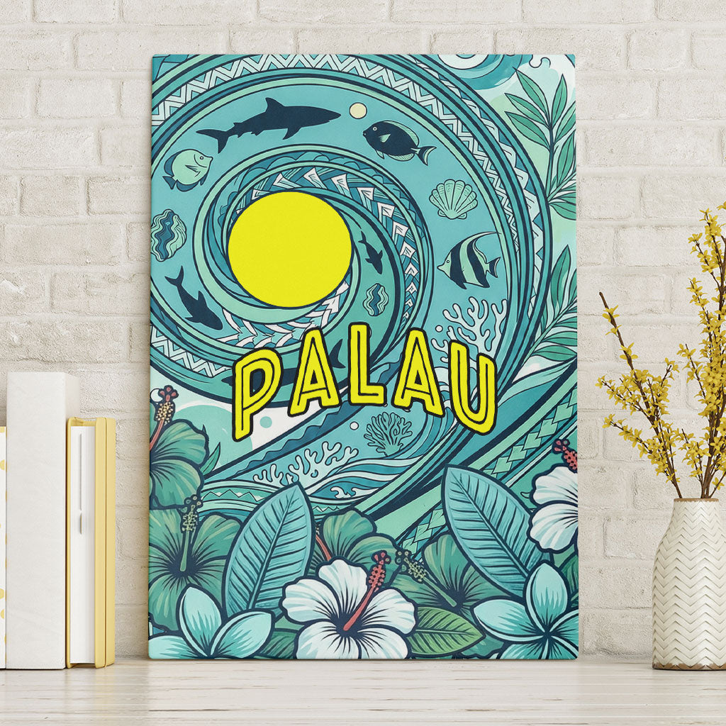 Palau Official Seal Flag Canvas Wall Art Tribal Pattern Ocean Marine Life Tropical Hibiscus TS04 Without Frame Blue Green - Polynesian Pride