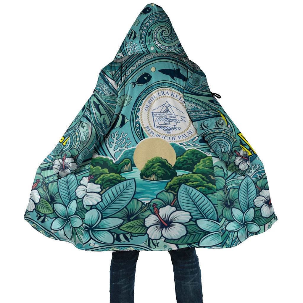 Palau Official Seal Flag Cloak Tribal Pattern Ocean Marine Life Tropical Hibiscus TS04 Unisex Blue Green - Polynesian Pride