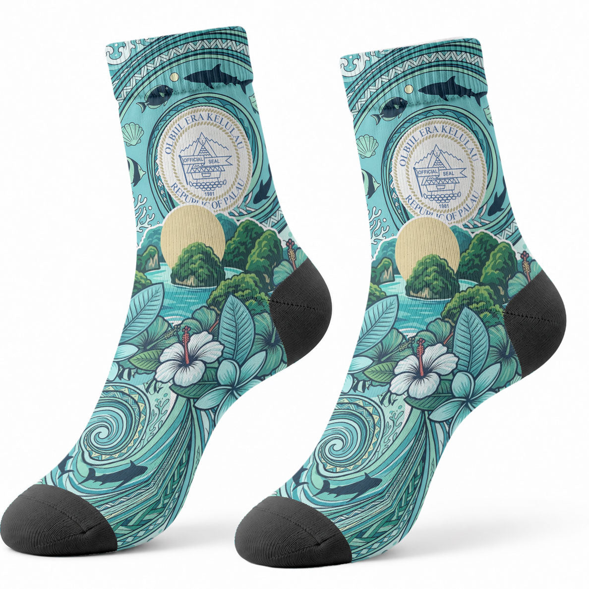 Palau Official Seal Flag Crew Socks Tribal Pattern Ocean Marine Life Tropical Hibiscus TS04 - Polynesian Pride