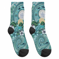 Palau Official Seal Flag Crew Socks Tribal Pattern Ocean Marine Life Tropical Hibiscus TS04 - Polynesian Pride