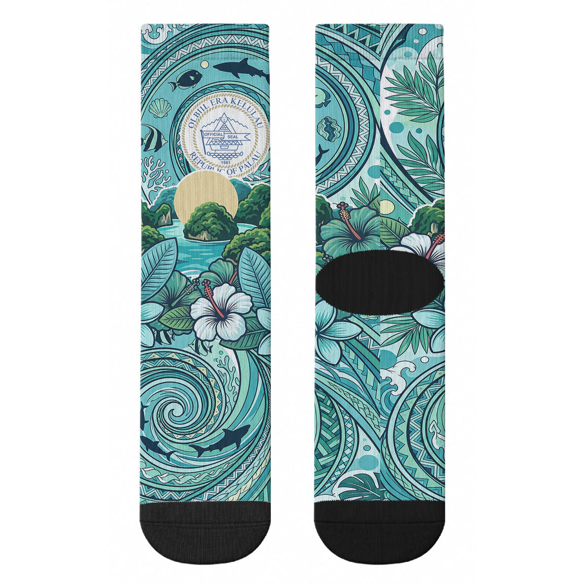 Palau Official Seal Flag Crew Socks Tribal Pattern Ocean Marine Life Tropical Hibiscus TS04 - Polynesian Pride