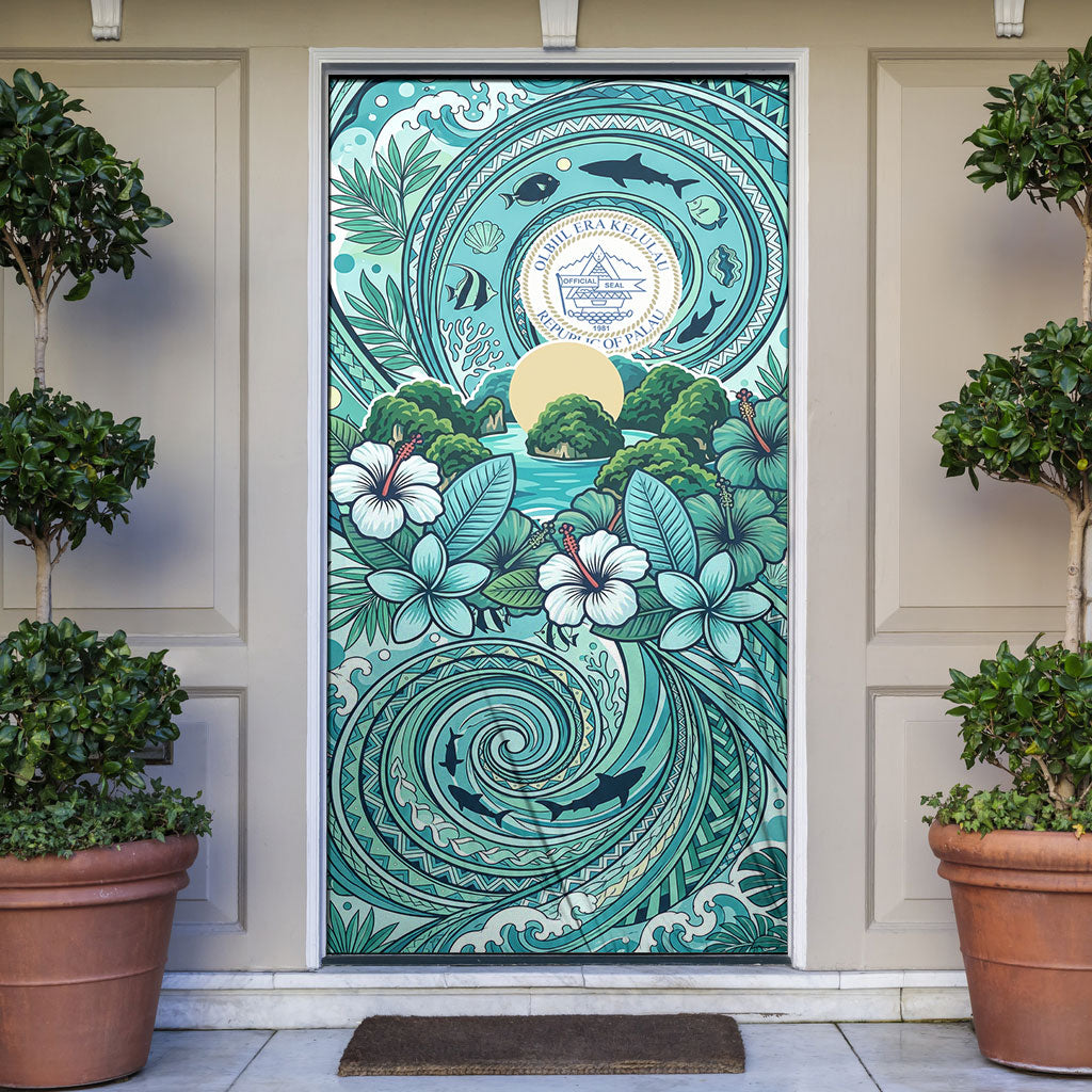 Palau Official Seal Flag Door Cover Tribal Pattern Ocean Marine Life Tropical Hibiscus TS04 Blue Green - Polynesian Pride