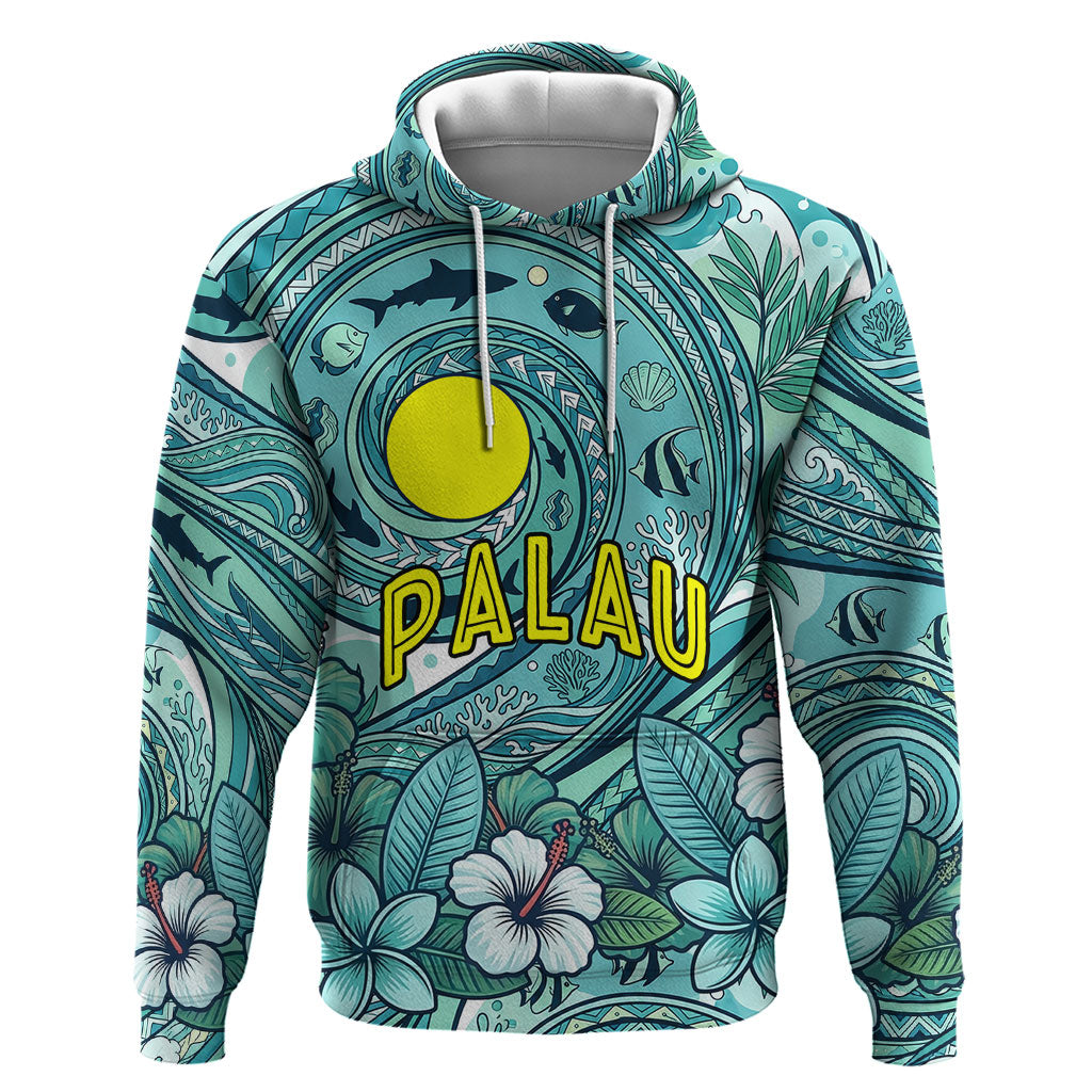 Palau Official Seal Flag Hoodie Tribal Pattern Ocean Marine Life Tropical Hibiscus TS04 Pullover Hoodie Blue Green - Polynesian Pride