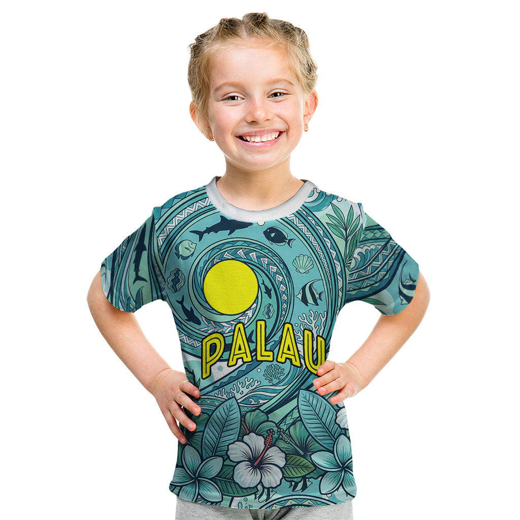 Palau Official Seal Flag Kid T Shirt Tribal Pattern Ocean Marine Life Tropical Hibiscus TS04 Blue Green - Polynesian Pride