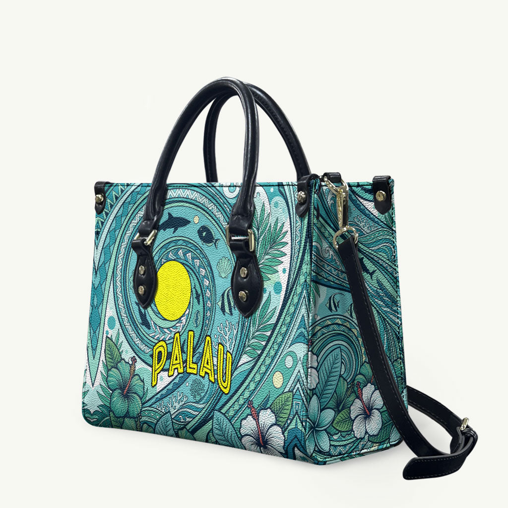 Palau Official Seal Flag Leather Bag Tribal Pattern Ocean Marine Life Tropical Hibiscus TS04 Blue Green - Polynesian Pride