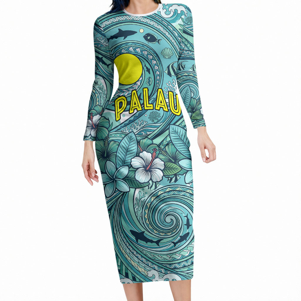 Palau Official Seal Flag Long Sleeve Bodycon Dress Tribal Pattern Ocean Marine Life Tropical Hibiscus TS04 Long Dress Blue Green - Polynesian Pride