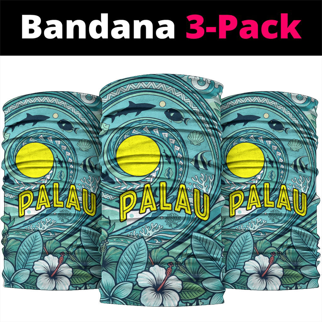 Palau Official Seal Flag Neck Gaiter Tribal Pattern Ocean Marine Life Tropical Hibiscus TS04 package One Size: 25*50cm Blue Green - Polynesian Pride