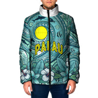Palau Official Seal Flag Padded Jacket Tribal Pattern Ocean Marine Life Tropical Hibiscus TS04 Men Blue Green - Polynesian Pride