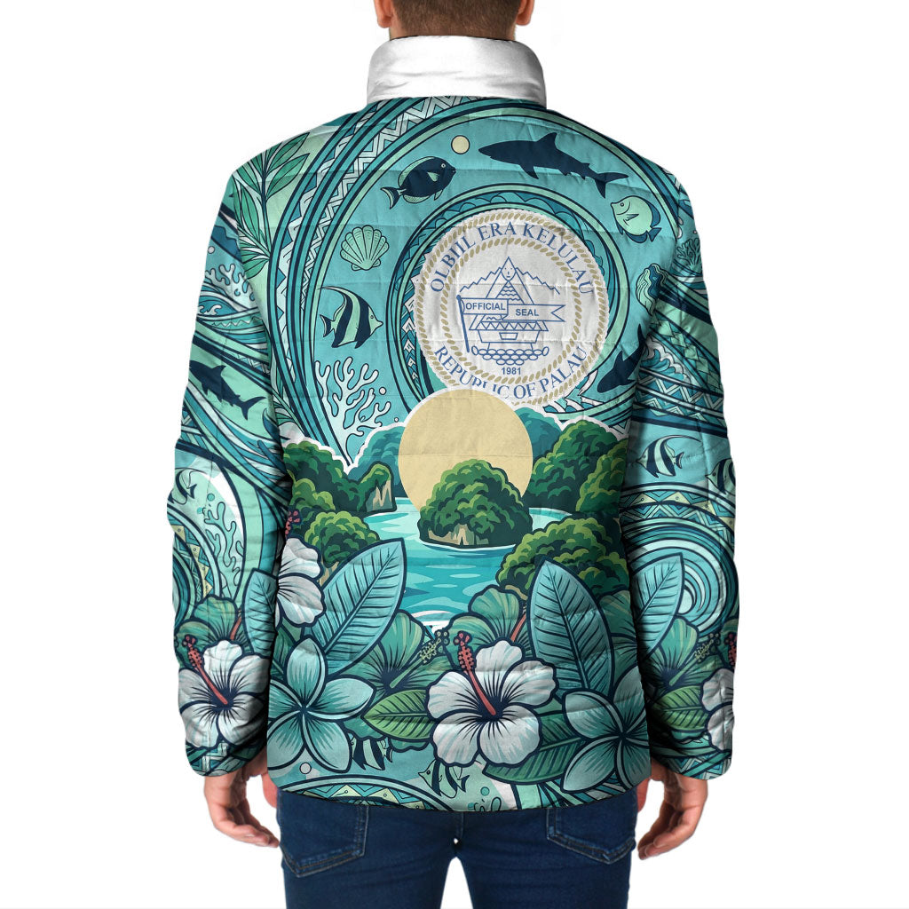 Palau Official Seal Flag Padded Jacket Tribal Pattern Ocean Marine Life Tropical Hibiscus TS04 - Polynesian Pride