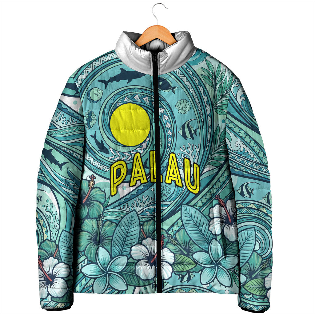 Palau Official Seal Flag Padded Jacket Tribal Pattern Ocean Marine Life Tropical Hibiscus TS04 - Polynesian Pride