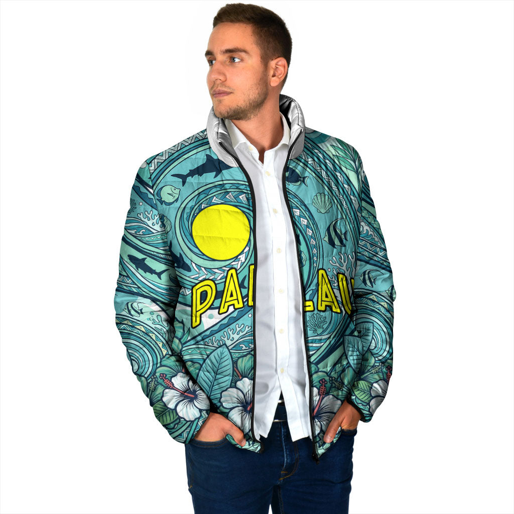 Palau Official Seal Flag Padded Jacket Tribal Pattern Ocean Marine Life Tropical Hibiscus TS04 - Polynesian Pride