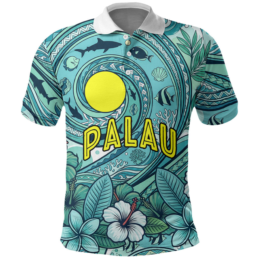 Palau Official Seal Flag Polo Shirt Tribal Pattern Ocean Marine Life Tropical Hibiscus TS04 Blue Green - Polynesian Pride
