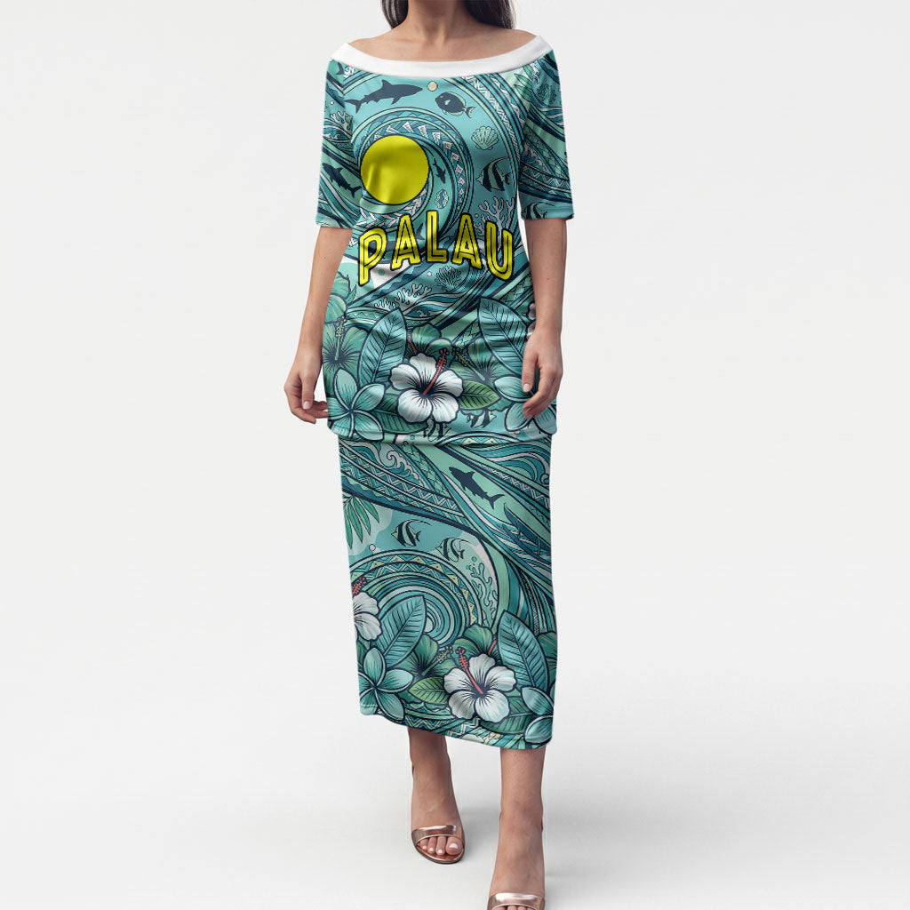 Palau Official Seal Flag Puletasi Tribal Pattern Ocean Marine Life Tropical Hibiscus TS04 Long Dress Blue Green - Polynesian Pride
