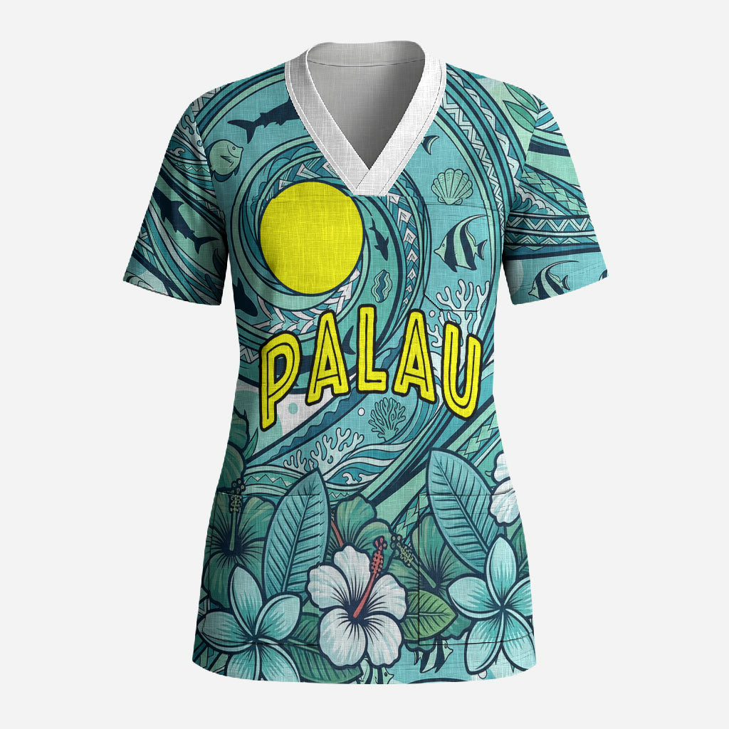 Palau Official Seal Flag Scrub Top Tribal Pattern Ocean Marine Life Tropical Hibiscus TS04 Adult Blue Green - Polynesian Pride
