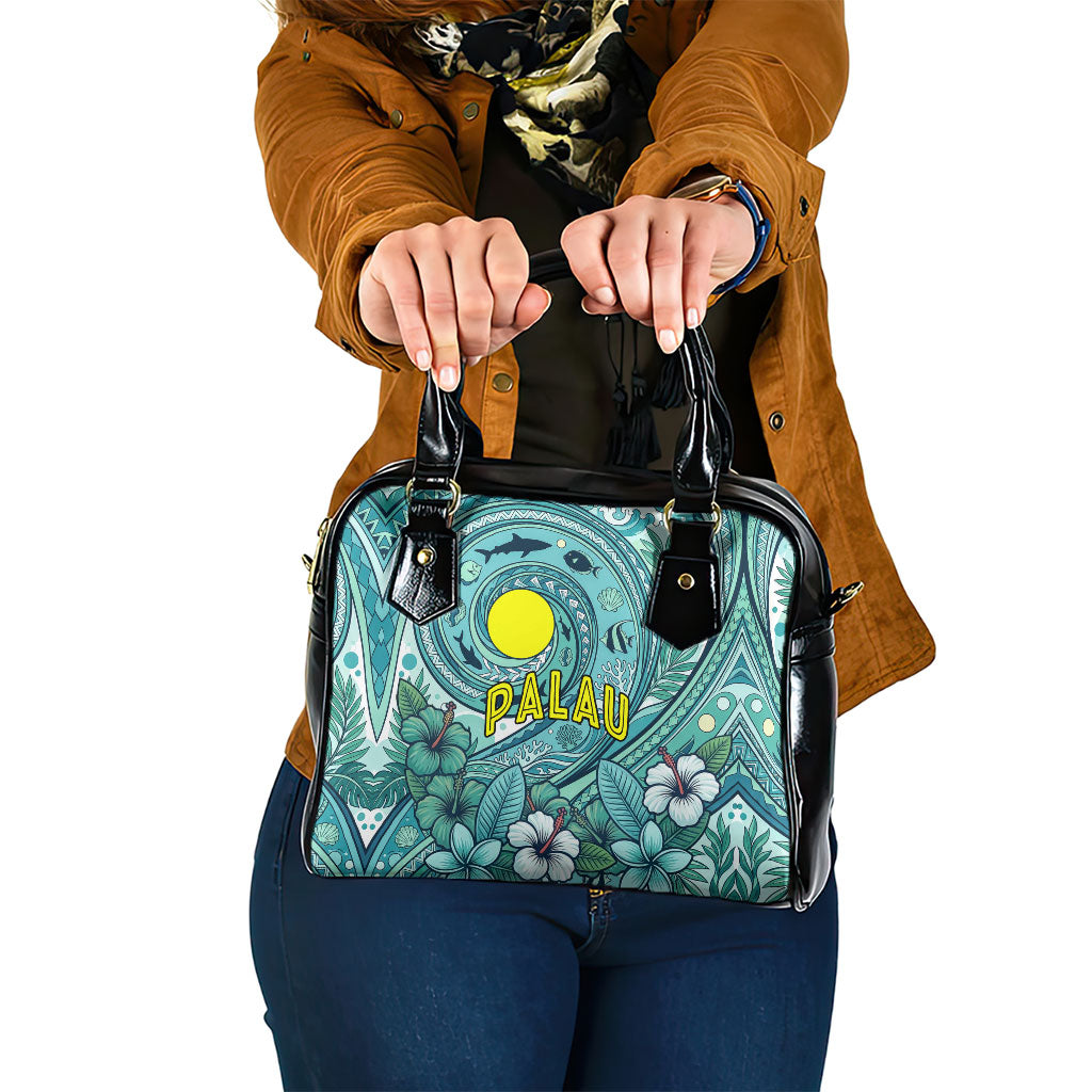 Palau Official Seal Flag Shoulder Handbag Tribal Pattern Ocean Marine Life Tropical Hibiscus TS04 One Size Blue Green - Polynesian Pride