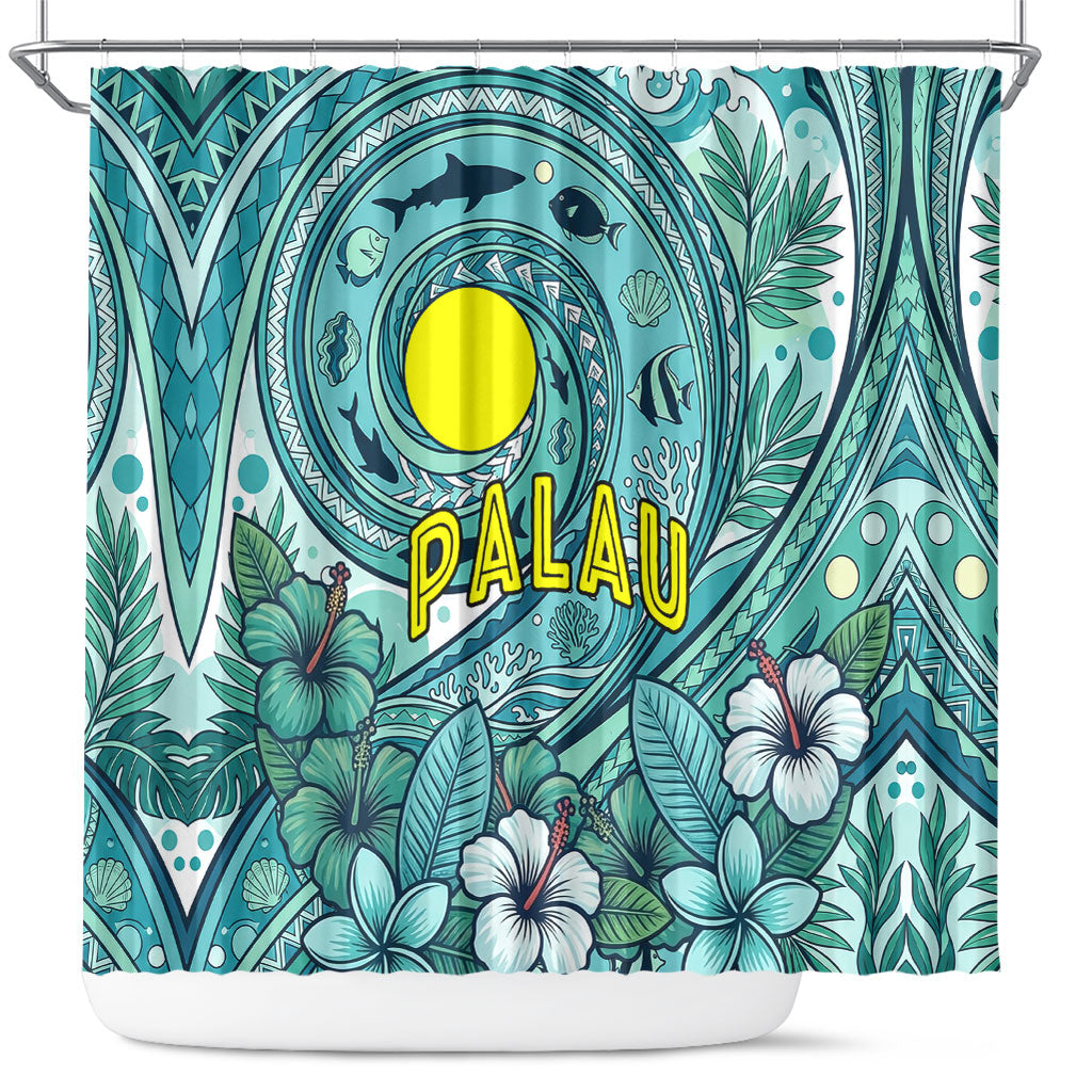 Palau Official Seal Flag Shower Curtain Tribal Pattern Ocean Marine Life Tropical Hibiscus TS04 Blue Green - Polynesian Pride