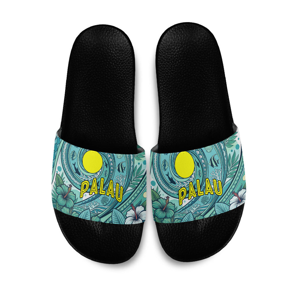 Palau Official Seal Flag Slide Sandals Tribal Pattern Ocean Marine Life Tropical Hibiscus TS04 Blue Green - Polynesian Pride