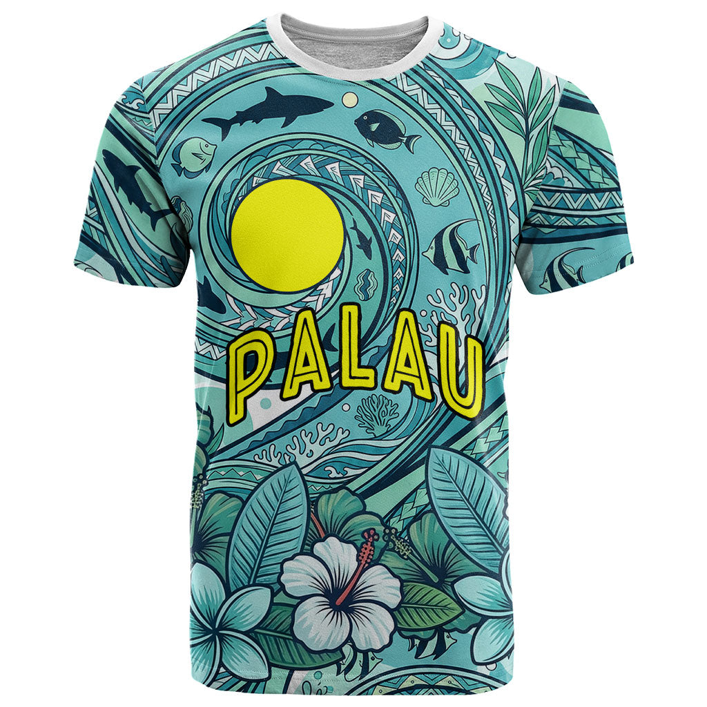 Palau Official Seal Flag T Shirt Tribal Pattern Ocean Marine Life Tropical Hibiscus TS04 Blue Green - Polynesian Pride