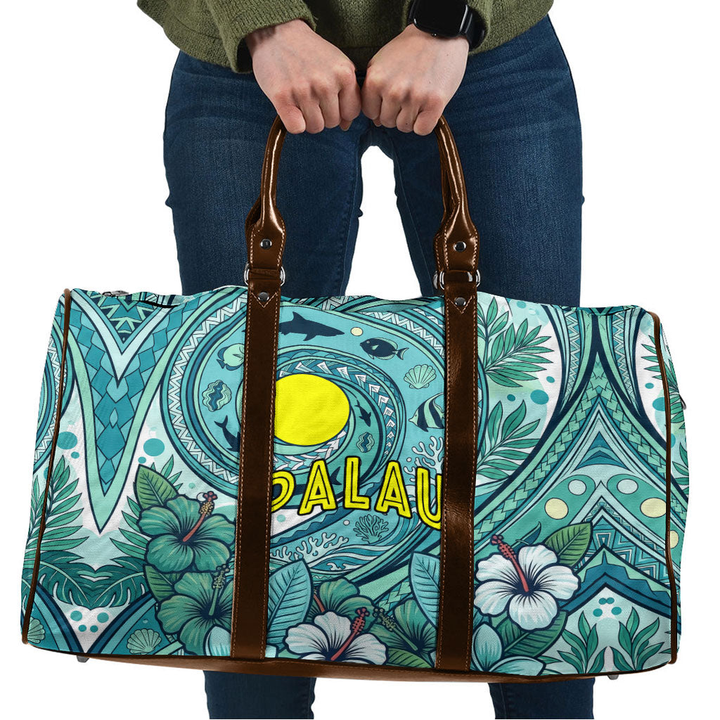 Palau Official Seal Flag Travel Bag Tribal Pattern Ocean Marine Life Tropical Hibiscus TS04 Blue Green - Polynesian Pride