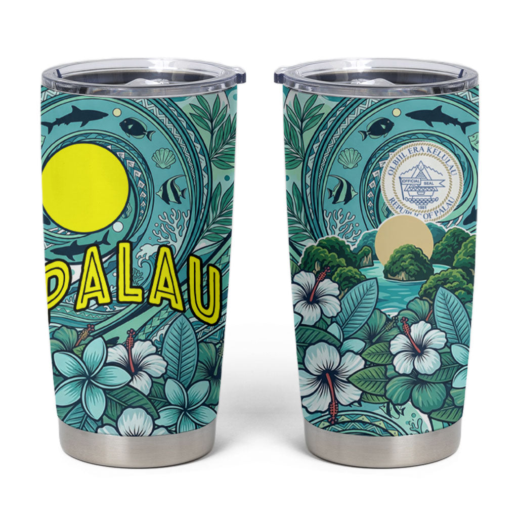 Palau Official Seal Flag Tumbler Cup Tribal Pattern Ocean Marine Life Tropical Hibiscus TS04 Blue Green - Polynesian Pride