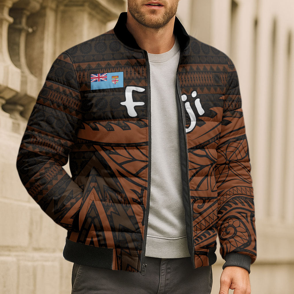 Straight Outta Kadavu Fiji Bomber Puffer Jacket Tribal Polynesian Tattoo Coat Of Arms Flag