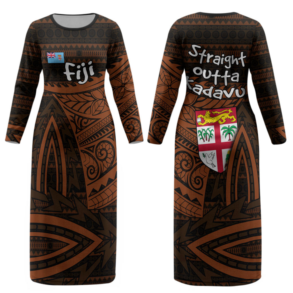 Straight Outta Kadavu Fiji Couples Matching Long Sleeve Bodycon Dress and Hawaiian Shirt Tribal Polynesian Tattoo Coat Of Arms Flag