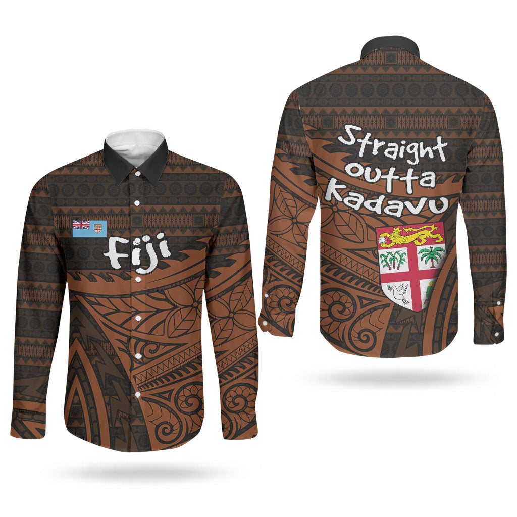 Straight Outta Kadavu Fiji Couples Matching Long Sleeve Bodycon Dress and Long Sleeve Button Shirt Tribal Polynesian Tattoo Coat Of Arms Flag