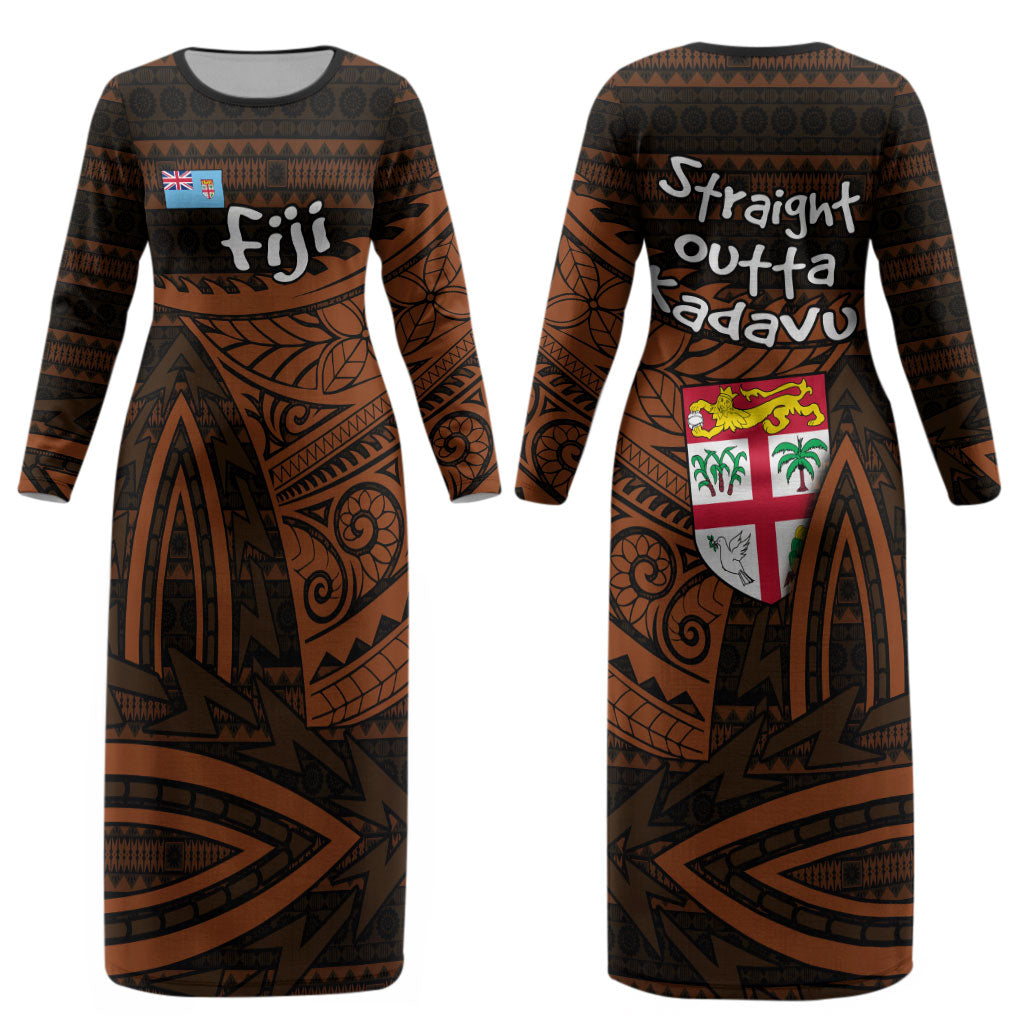 Straight Outta Kadavu Fiji Couples Matching Long Sleeve Bodycon Dress and Long Sleeve Button Shirt Tribal Polynesian Tattoo Coat Of Arms Flag