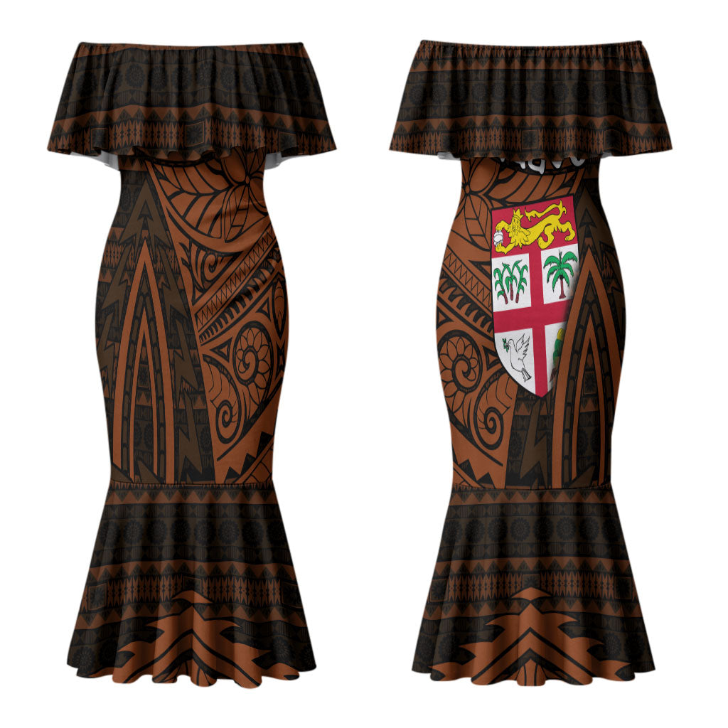 Straight Outta Kadavu Fiji Couples Matching Mermaid Dress and Hawaiian Shirt Tribal Polynesian Tattoo Coat Of Arms Flag